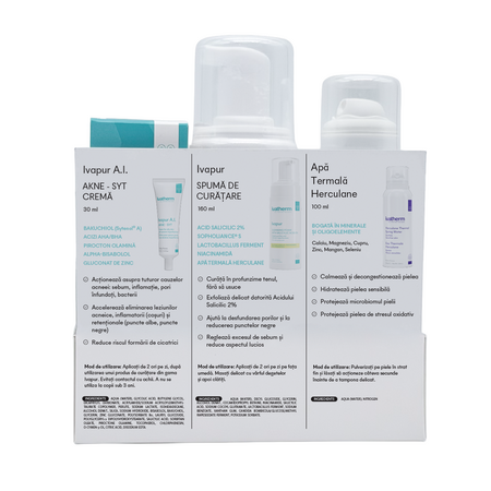 Kit Fara imperfectiuni Ivapur, Apa Termala Herculane 100 ml + Spuma de curatare 160 ml + Crema Ivapur AI 30 ml, Ivatherm 822528