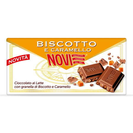Ciocolata cu lapte extra fina cu bucati de biscuiti si fulgi de caramel crocant, fara gluten, 100 g, Novi