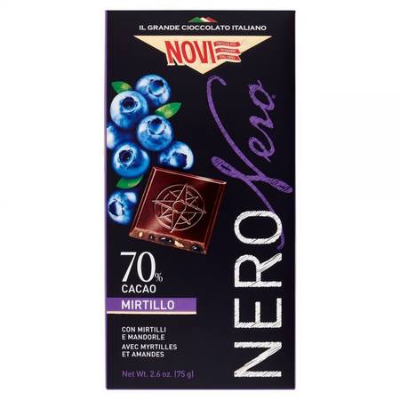 Ciocolata extra neagra cu 70% cacao, afine si migdale, fara gluten, 75 g, Novi Nero Nero