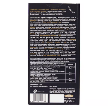 Ciocolata extra neagra cu 70% cacao, afine si migdale, fara gluten Nero Nero, 75 g, Novi 822699