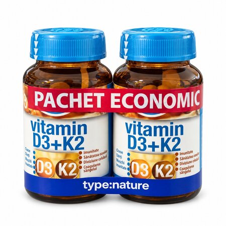Pachet Vitamina D3 + K2, 2 x 60 tablete, Naturmil