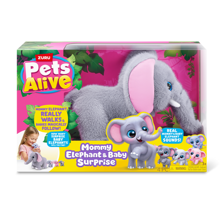 Jucarie interactiva de plus, Mama elefant si puii sai, +3 ani, Pets Alive 823042