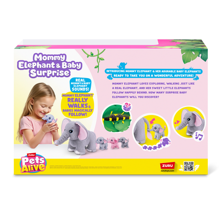 Jucarie interactiva de plus, Mama elefant si puii sai, +3 ani, Pets Alive 823044