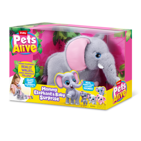 Jucarie interactiva de plus, Mama elefant si puii sai, +3 ani, Pets Alive 823046