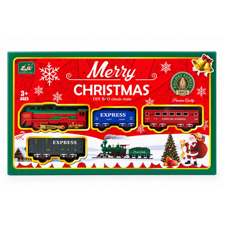 Trenulet electric de cu locomotiva, 3 vagoane si sine, Craciun Merry Christmas Railway Express, 3 ani+, 18 piese, OEM