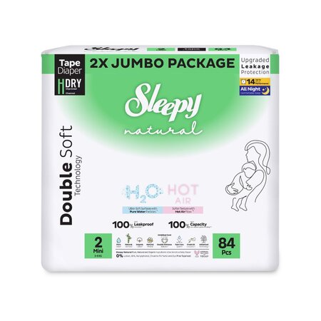 Scutece pentru bebelusi H2O Natural, Marime 2 Mini, 3-6 kg, 84 bucati, Sleepy