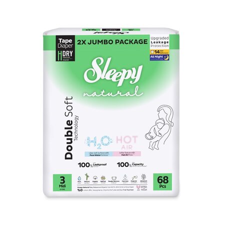 Scutece pentru bebelusi Natural H2O, Marime 3 Midi, 4-9 kg, 68 bucati, Sleepy