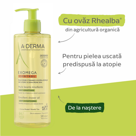 Ulei de dus emolient piele uscata cu tendinta atopica Exomega Control, 500 ml, A-Derma 646621