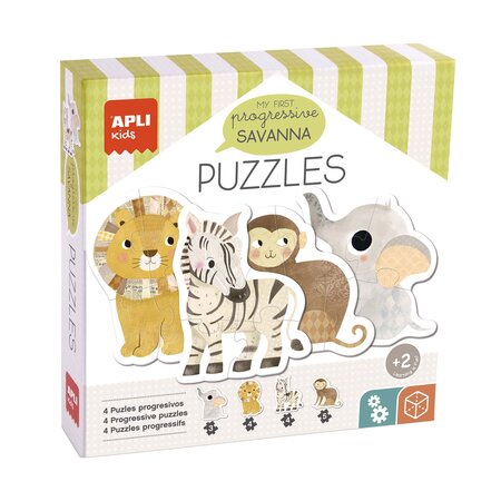 Set de 4 puzzle-uri progresive Animale din Savana, 2 ani+, Apli Kids