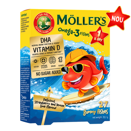 Pestisori gumati cu aroma de capsuni si Omega 3, +3 ani, 27 jeleuri, Moller's 825395