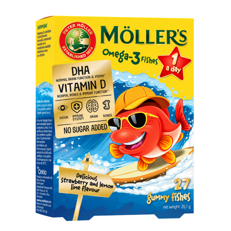 Pestisori gumati cu aroma de capsuni si Omega 3, 27 jeleuri, Moller's