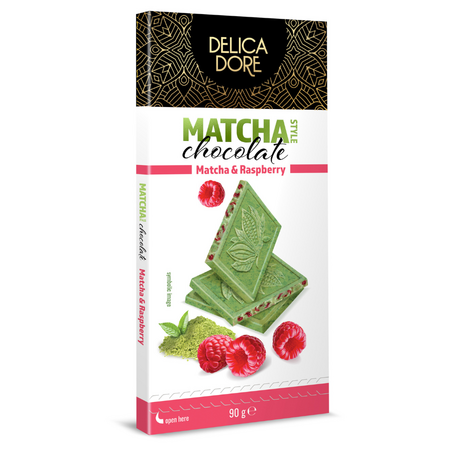 Ciocolata alba cu matcha si zmeura liofilizata, 90 g, Delicadore