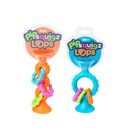 Jucarie senzoriala cu ventuza si inele zornaitoare pipSquigz Loops, Portocaliu, 6 luni+, Fat Brain 825622