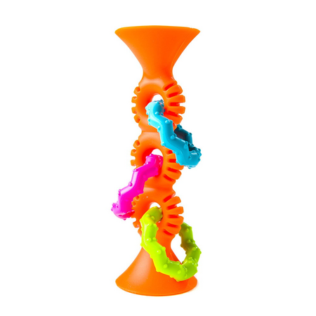 Jucarie senzoriala cu ventuza si inele zornaitoare pipSquigz Loops, Portocaliu, 6 luni+, Fat Brain 825626