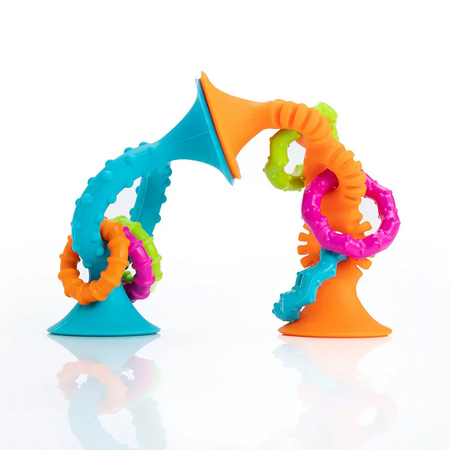 Jucarie senzoriala cu ventuza si inele zornaitoare pipSquigz Loops, Turcoaz, 6 luni+, Fat Brain 825635