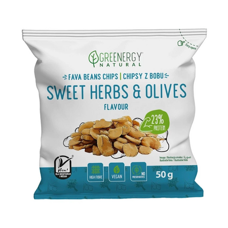 Chipsuri proteice din fasole Fava cu ierburi dulci si masline, 50 g, Greenergy