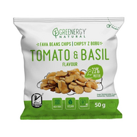 Chipsuri proteice din fasole Fava cu rosii si busuioc, 50 g, Greenergy