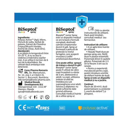 BiSeptol Junior Spray, Aroma de cirese, 20 ml(120pufuri), Dacia Plant 826288
