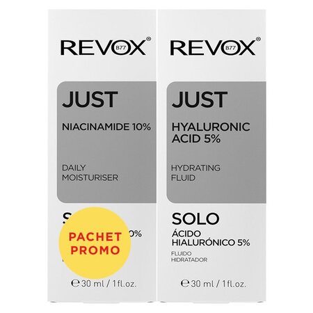 Pachet Ser cu 5% Acid Hialuronic + Ser cu 10% Niacinamide Just, 30 ml + 30 ml, Revox