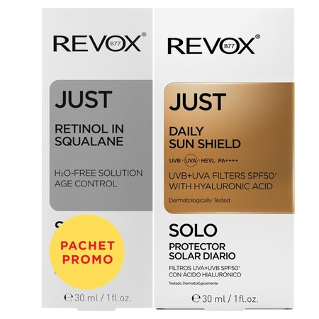 Pachet Ser cu Retinol si Squalane Just + Crema de zi cu Acid Hialuronic si SPF 50, 30 ml + 30 ml, Revox