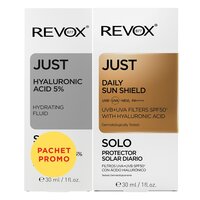 Pachet Ser cu 5% Acid Hialuronic Just + Crema de zi cu Acid Hialuronic si SPF 50, 30 ml + 30 ml, Revox