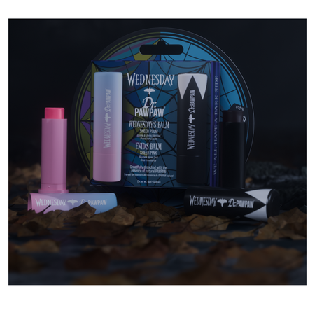 Set 2 balsamuri de buze cu breloc Wednesday Sheer Plum & Enid Sheer Pink, 2x4 g, Dr.PawPaw 827775