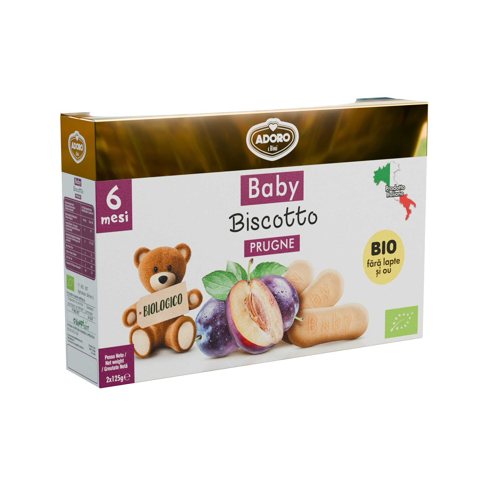Biscuiti Bio cu prune, 6 luni+, 2 x 125g, Adoro