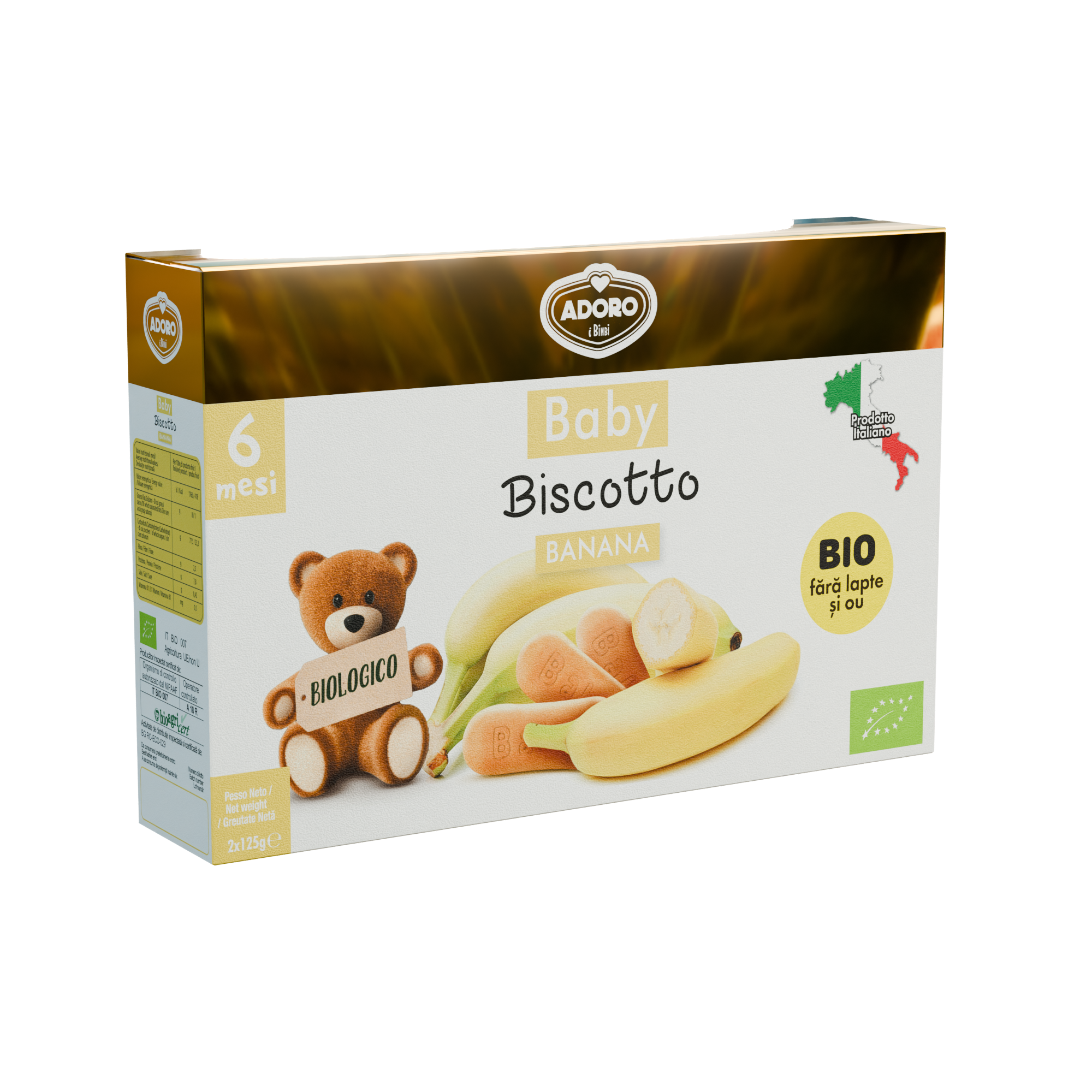 Biscuiti Bio cu banane, 6 luni+, 2 x 125g, Adoro