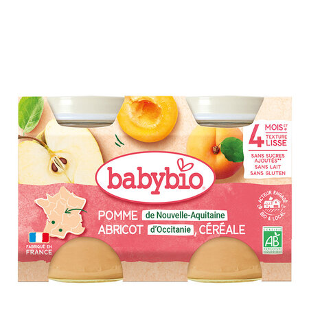 Piure Bio din mere, caise si cereale, +4luni, 2X130g, BabyBio