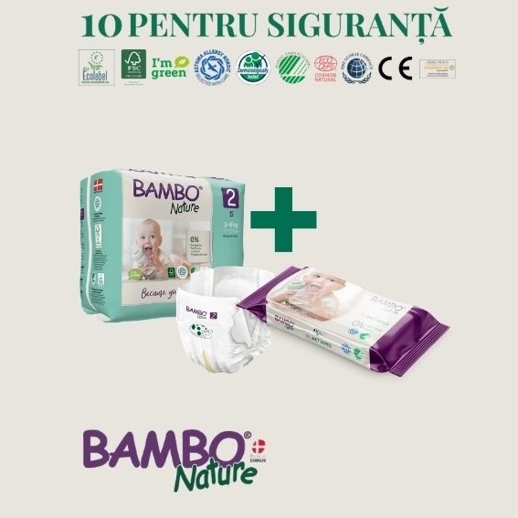 Pachet Scutece Nr. 2, 3-6 kg, 30 bucati + Servetele umede, 50 bucati, Bambo Nature