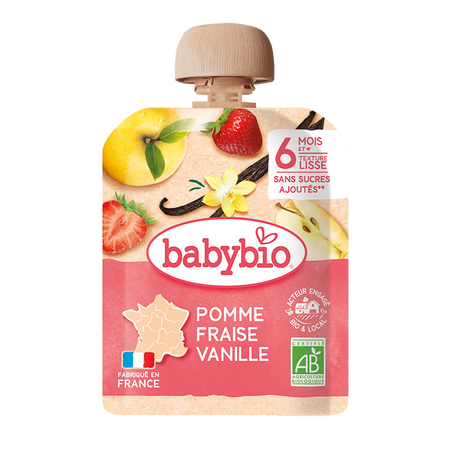 Desert Bio din mere, capsuni si vanilie, +6 luni, 90 g, BabyBio