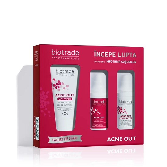 Pachet Acne Out gel de curatare, lotiune activa si crema hidratanta, Biotrade