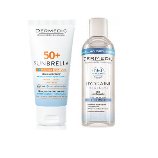 Pachet Crema pentru ten Mixt si Gras cu tendinta Acneica, Spf 50+, 50 gr si Apa Micelara, 100 ml, Dermedic