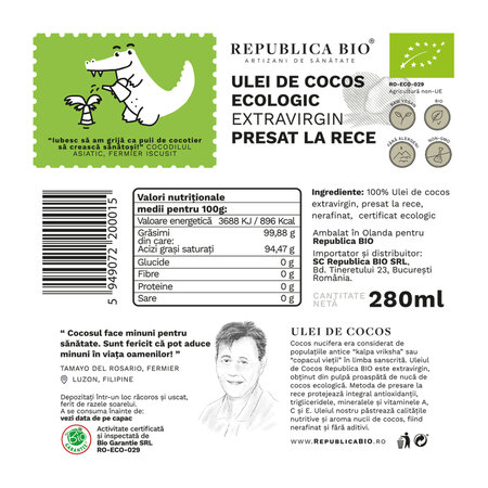 Ulei ecologic de cocos extravirgin presat la rece, 280 ml, Republica Bio 762569