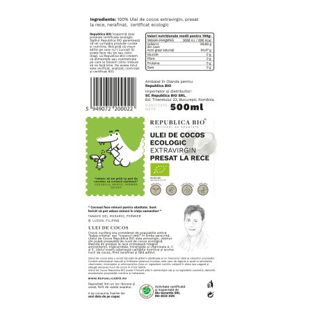 Ulei de cocos ecologic extravirgin presat la rece, 500 ml, Republica Bio 762575