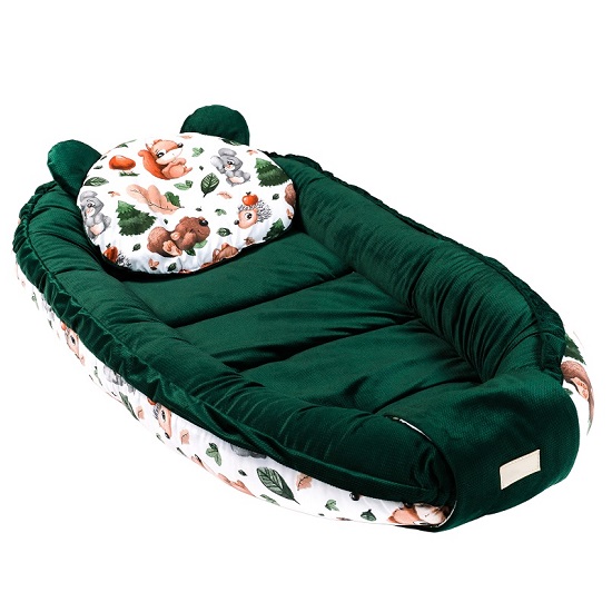 Baby Nest Multifunctional cu pernuta Velur, Green Animals, E-Kids