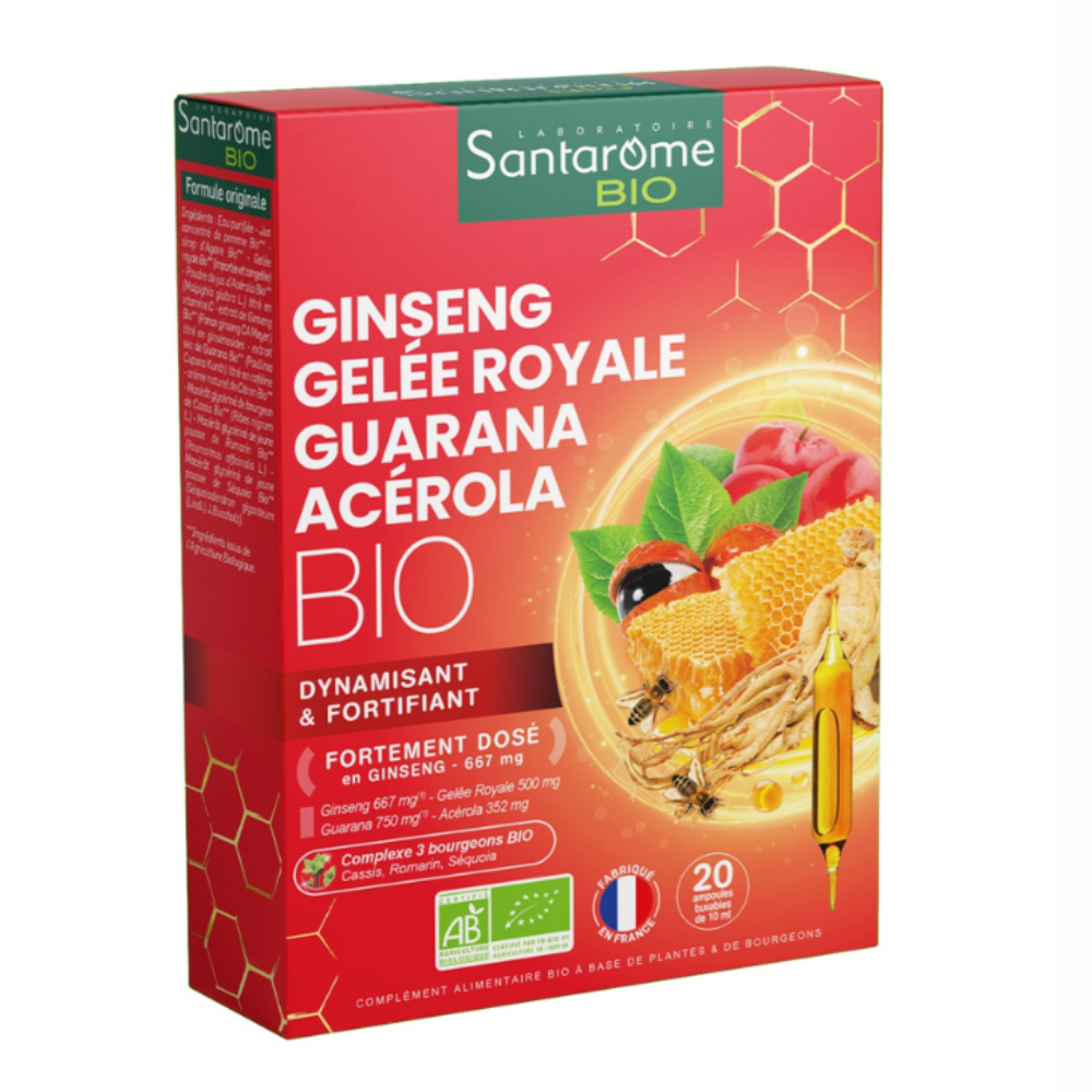 Ginseng Gelee Royale Guarana Acerola Bio, 20 fiole x 10 ml, Santarome Natural