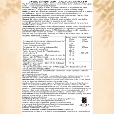 Ginseng Laptisor de matca Guarana Acerola Bio, 20 fiole x 10 ml, Santarome Natural 806403
