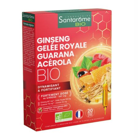 Ginseng Gelee Royale Guarana Acerola Bio, 20 fiole x 10 ml, Santarome Natural