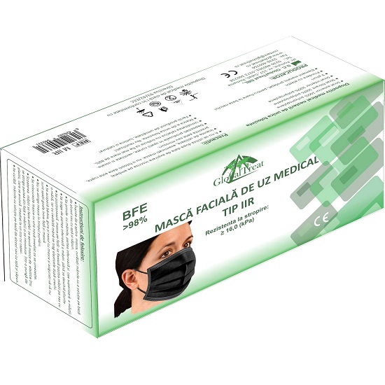 Masca faciala de uz medical, Tip IIR BFE>98%, Negru, 50 buc, Global Treat