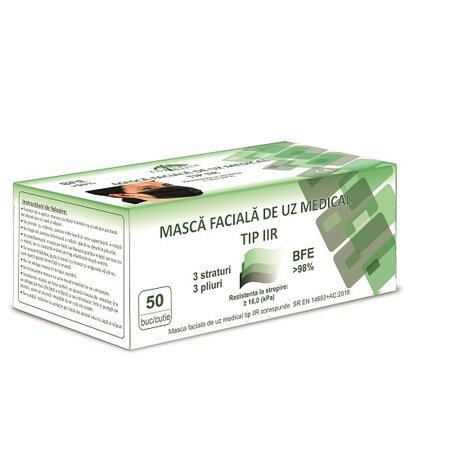Masca faciala de uz medical, Tip IIR BFE>98%, Negru, 50 buc, Global Treat 467032