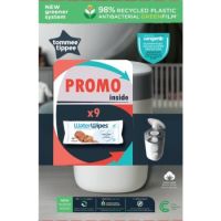 Pachet Cos pentru scutece Sangenic Twist&Click, alb/gri + Servetele umede WaterWipes, 9x60 bucati, Tommee Tippee