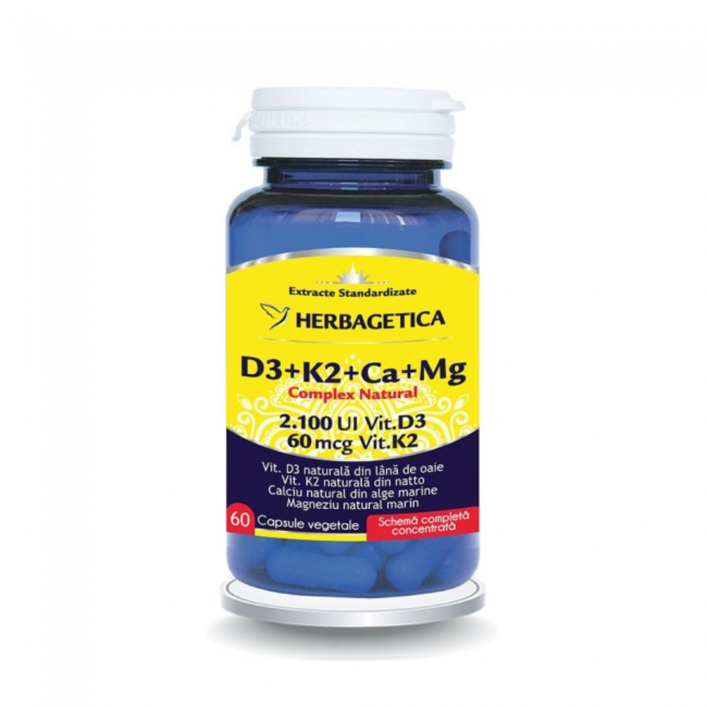 Complex natural D3+K2+CA+MG, 60 capsule vegetale, Herbagetica