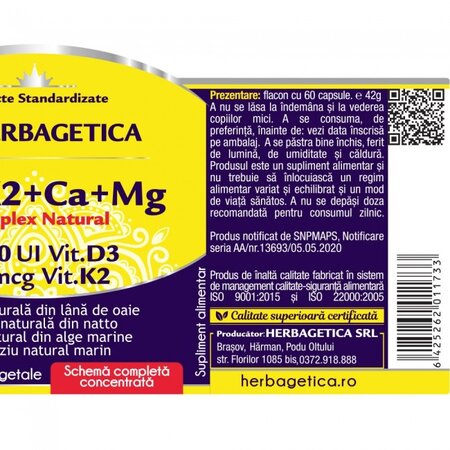 Complex natural D3+K2+CA+MG, 60 capsule vegetale, Herbagetica 685605