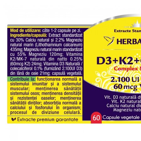 Complex natural D3+K2+CA+MG, 60 capsule vegetale, Herbagetica 685604