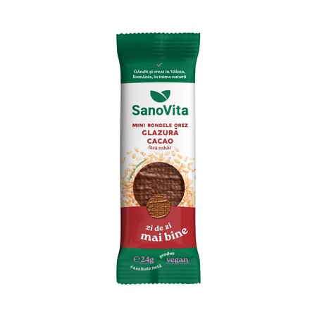 Mini rondele din orez cu glazura de cacao fara zahar, 24 g, SanoVita