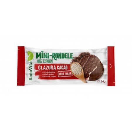 Mini rondele din orez cu glazura de cacao fara zahar, 24 g, SanoVita