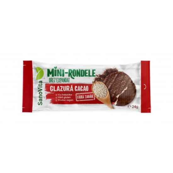 Mini rondele din orez cu glazura de cacao fara zahar, 24 g, SanoVita