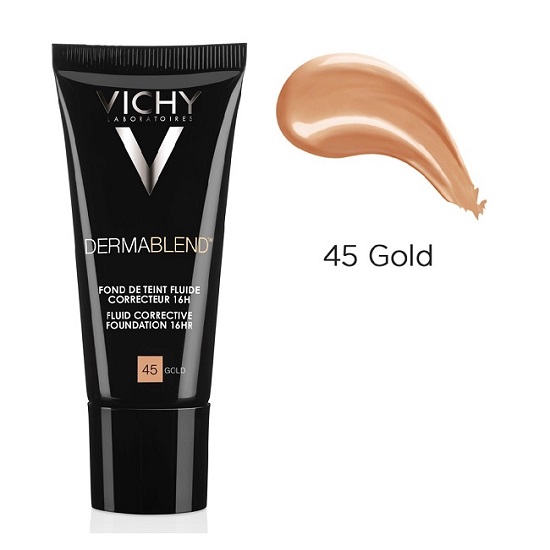 Fond de ten corector fluid rezistenta 16h ten normal sau uscat DermaBlend, 30 ml, Nuanta 45 Gold, Vichy