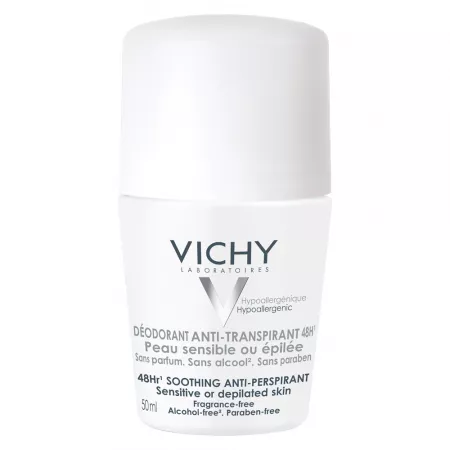 Deodorant roll-on pentru piele sensibila, fara parfum, 48 H, 50 ml, Vichy